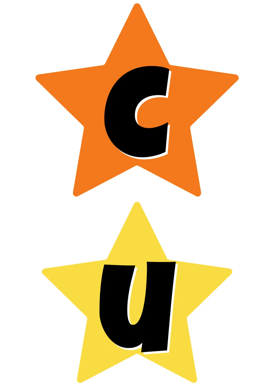 Star banner cut-out pieces: letter C on an orange star and U on a yellow star, continuing the word FOCUS in the title
