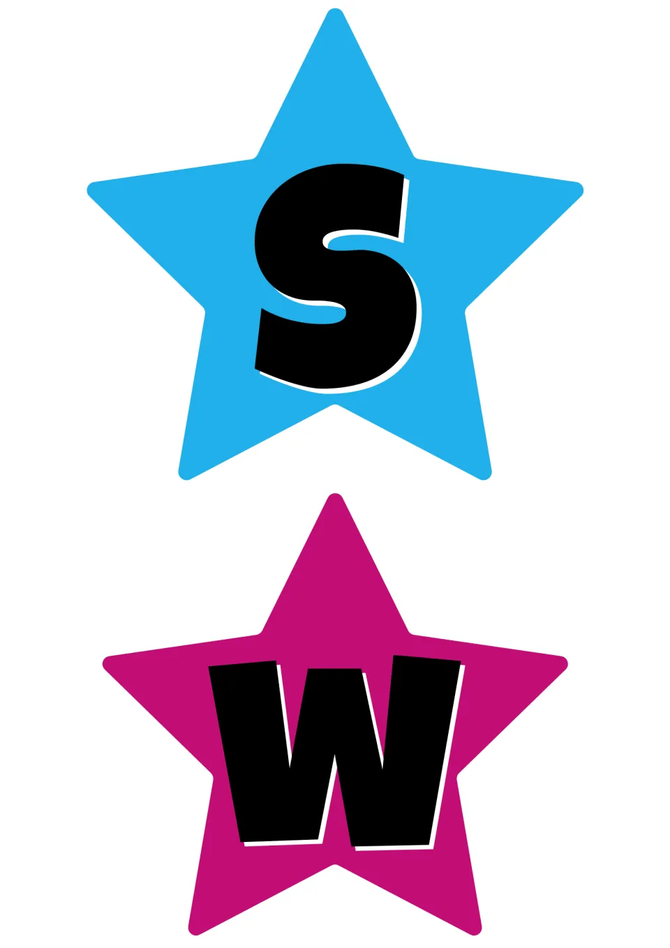 Star banner cut-out pieces: S on a blue star ending the word FOCUS and W on a magenta star beginning the word WALL