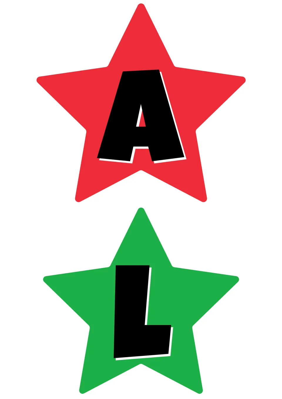 Star banner cut-out pieces: A on a red star and L on a green star, the middle letters of WALL in the bulletin board title