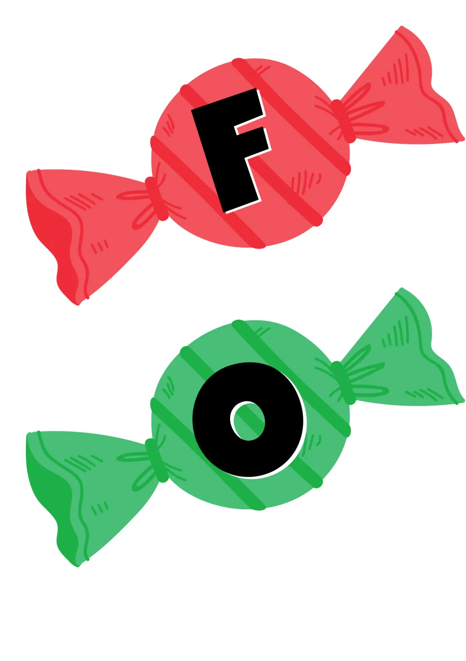 Wrapped candy banner cut-out pieces: F on a red candy and O on a green candy, an alternate style for the title letters