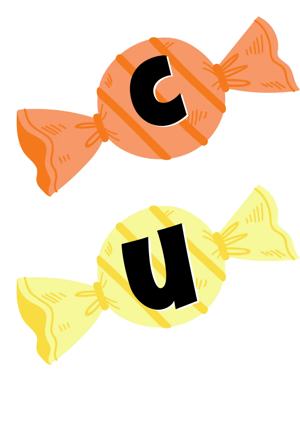 Wrapped candy banner cut-out pieces: C on an orange candy and U on a pale yellow candy, the next letters of the FOCUS title
