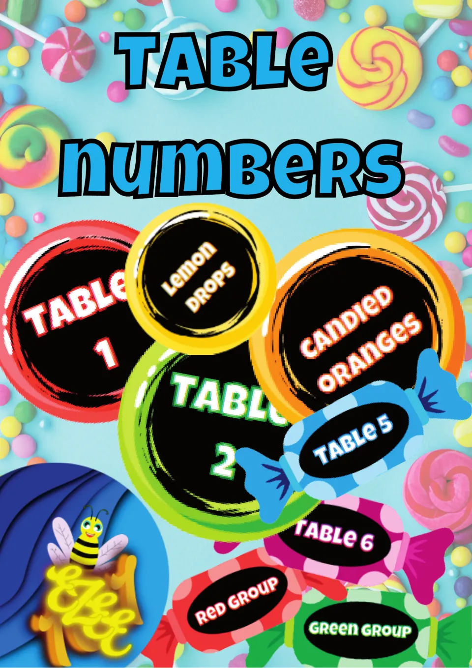 Candy-themed Table Numbers cover showing round and wrapped-candy labels for Table 1, Lemon Drops, Red Group and Green Group