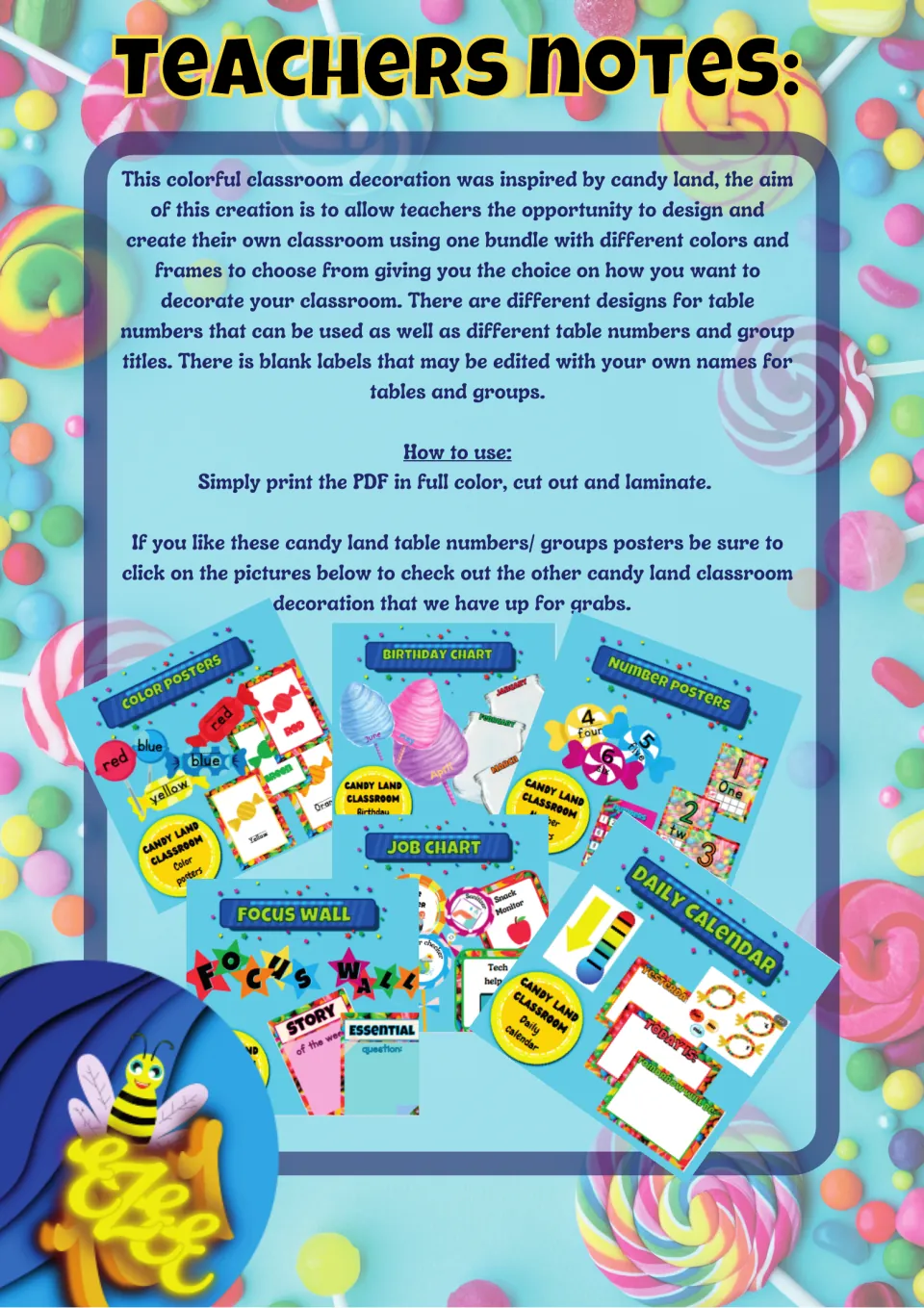 Teachers notes on the candy land decor set: print in full color, cut out and laminate, plus previews of related decor packs