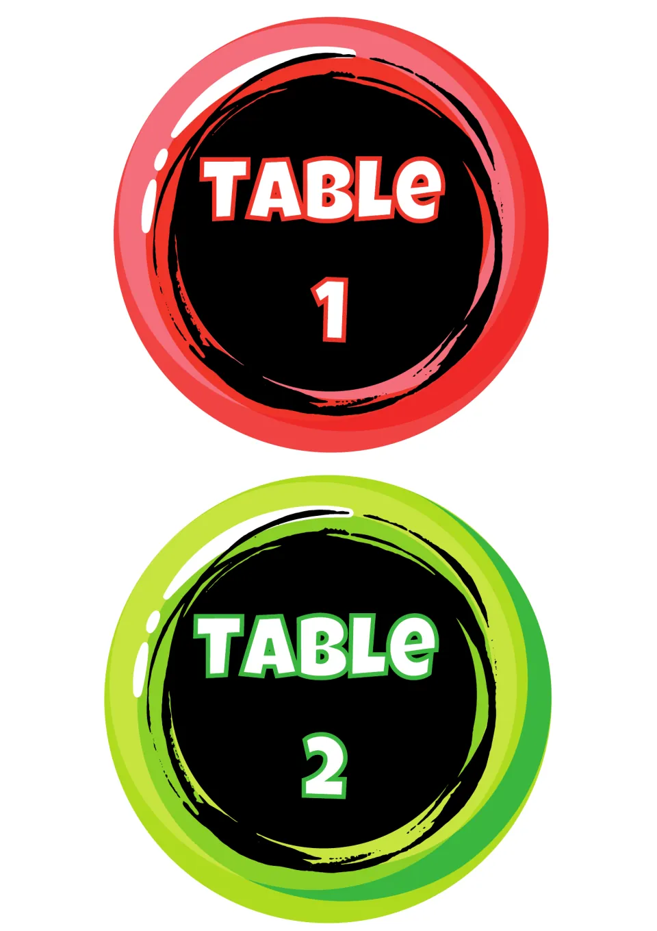 Round candy-style table labels reading Table 1 in red and Table 2 in green, each with white lettering on a black center
