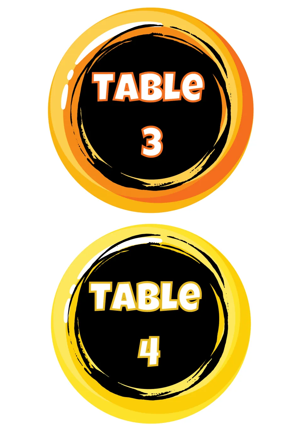 Round candy-style table labels reading Table 3 in orange and Table 4 in yellow, each with white lettering on a black center