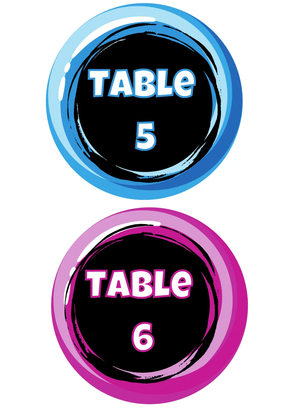 Round candy-style table labels reading Table 5 in blue and Table 6 in pink, each with white lettering on a black center