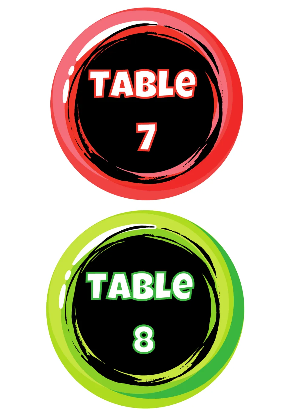 Round candy-style table labels reading Table 7 in red and Table 8 in green, each with white lettering on a black center