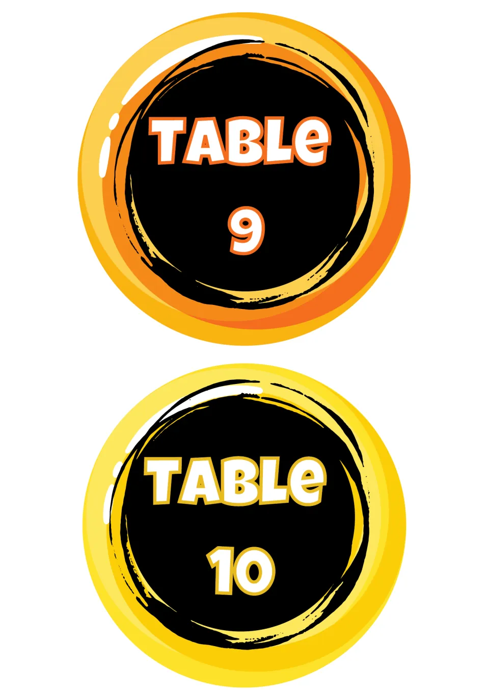 Round candy-style table labels reading Table 9 in orange and Table 10 in yellow, each with white lettering on a black center