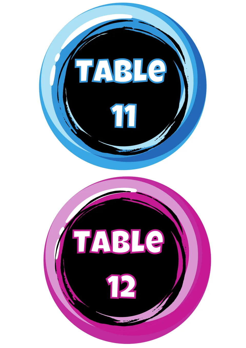 Round candy-style table labels reading Table 11 in blue and Table 12 in pink, each with white lettering on a black center