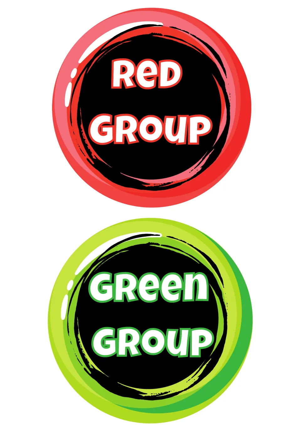 Color group labels reading Red Group on a red candy ring and Green Group on a green candy ring, for naming table teams