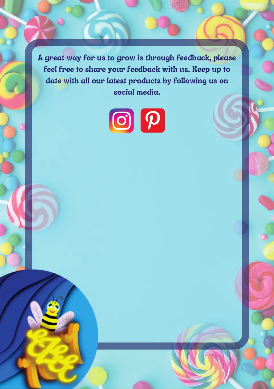Seller note asking teachers to share feedback and follow on social media, with Instagram and Pinterest icons