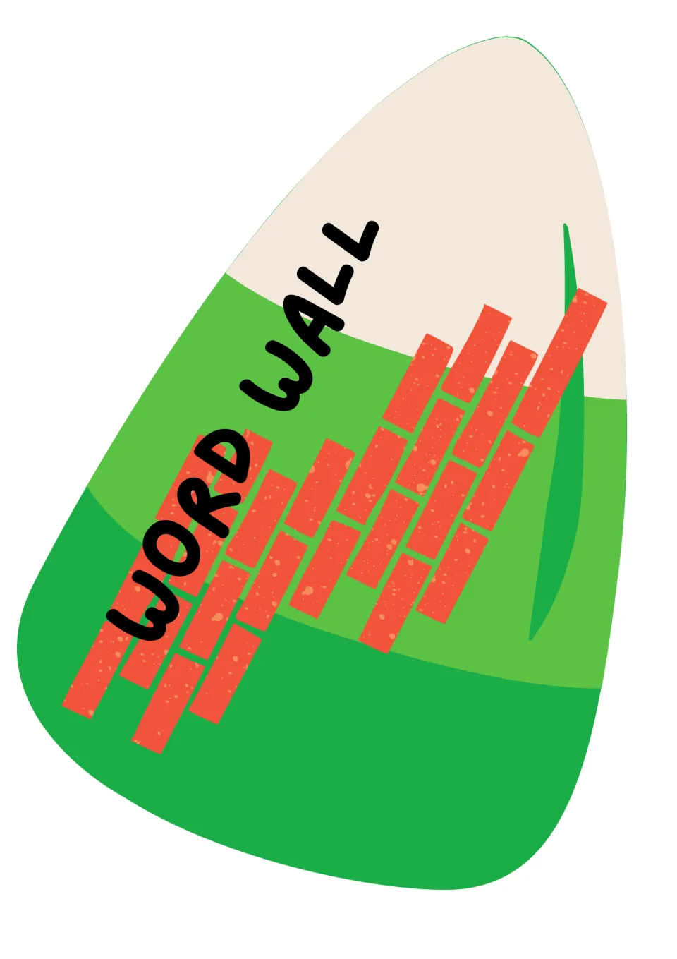 Alternate title sign shaped like a green and white candy corn, with Word Wall written over a red brick wall drawing