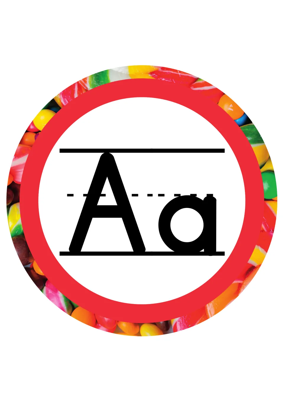 Letter Aa header card: uppercase and lowercase A modeled on handwriting guides inside a red ring of candy