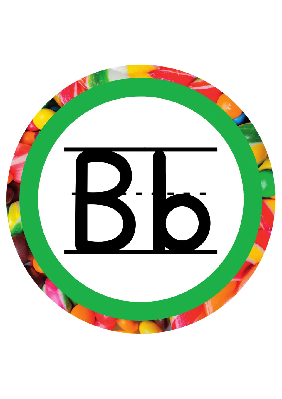 Letter Bb header card: uppercase and lowercase B modeled on handwriting guides inside a green ring of candy