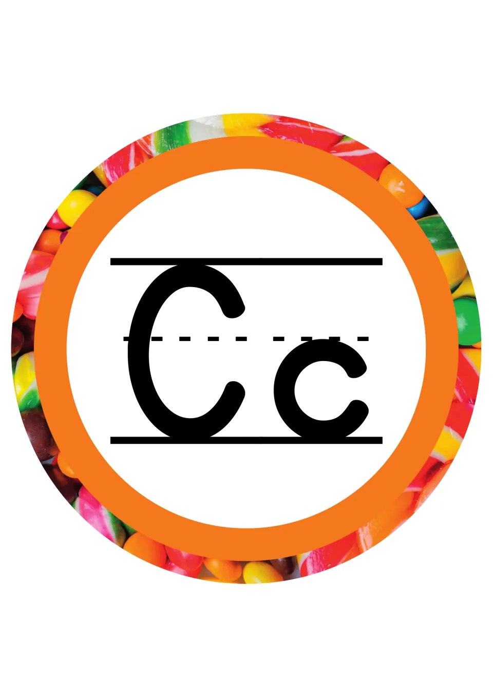 Letter Cc header card: uppercase and lowercase C modeled on handwriting guides inside an orange ring of candy