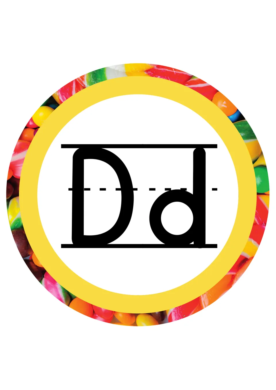 Letter Dd header card: uppercase and lowercase D modeled on handwriting guides inside a yellow ring of candy