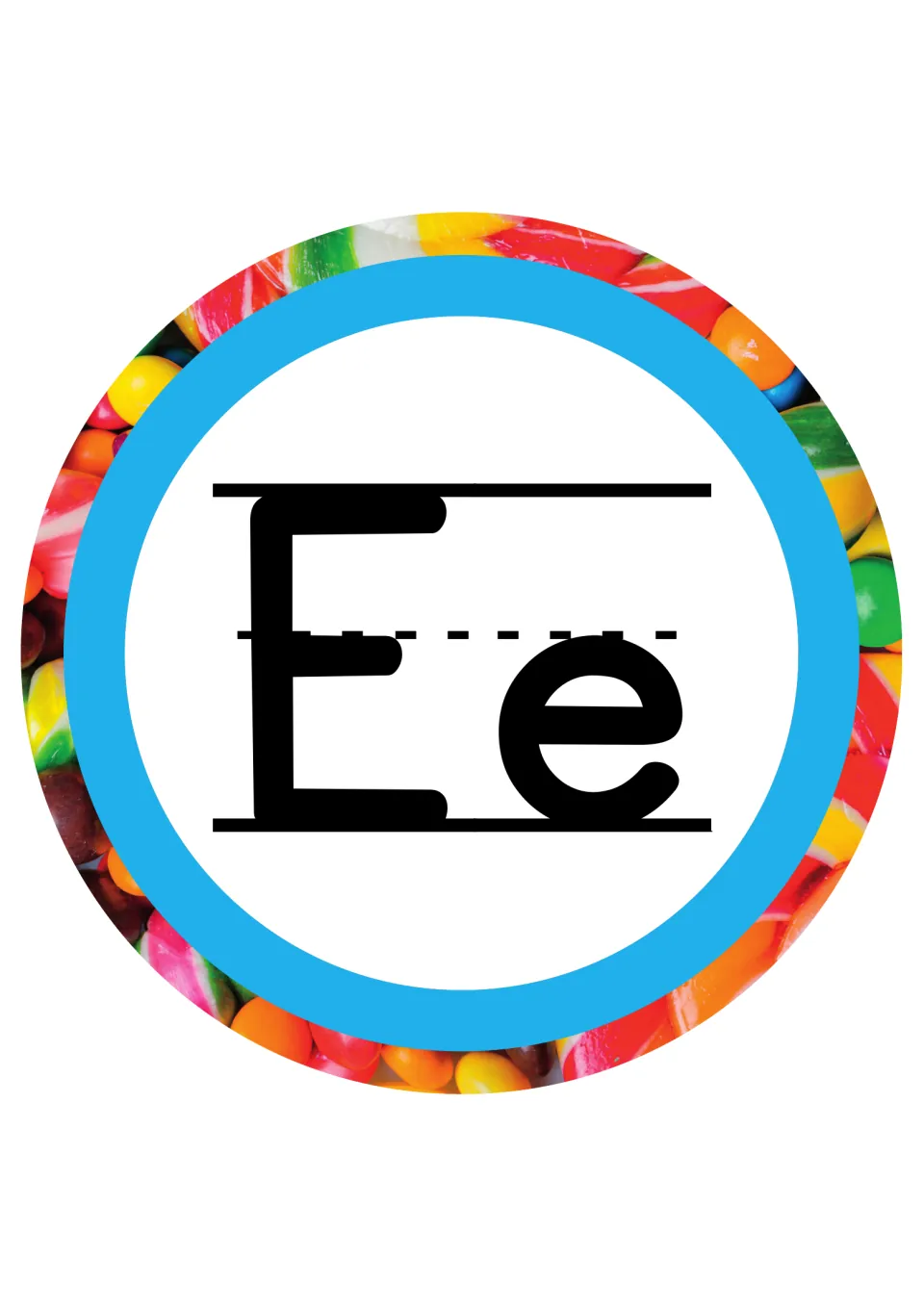 Letter Ee header card: uppercase and lowercase E modeled on handwriting guides inside a blue ring of candy