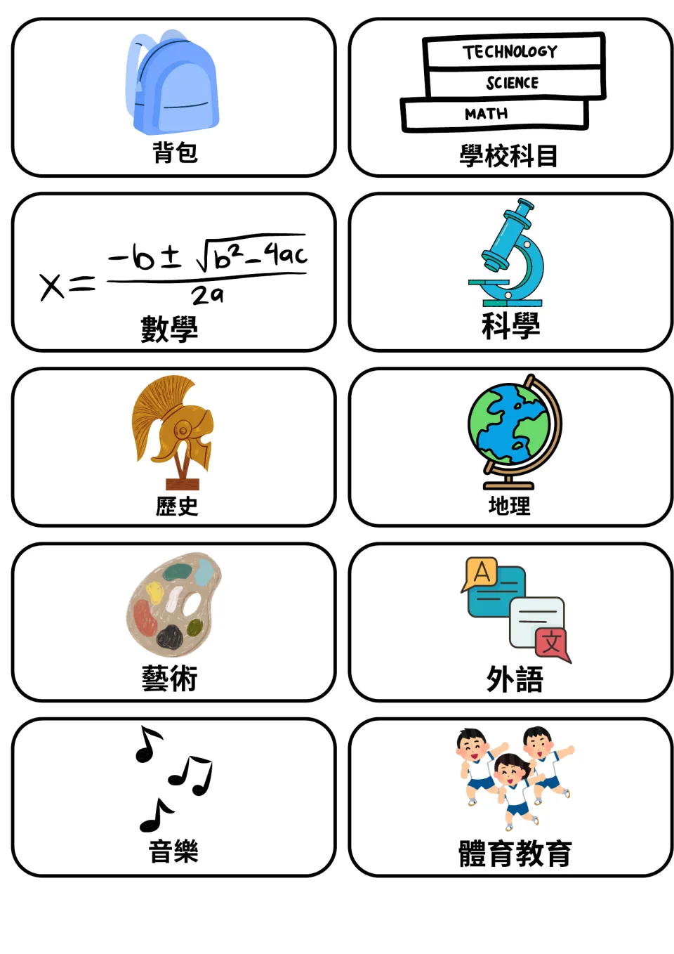 School subjects in Cantonese: picture cards for backpack, math, science, history, geography, art, languages, music and PE