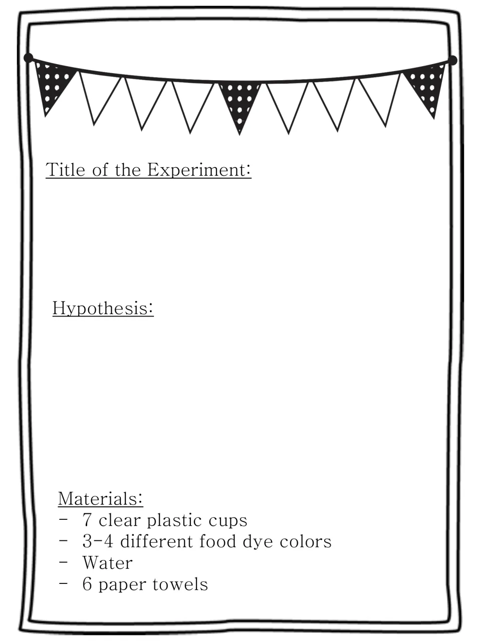 Experiment planning page asks for a title and hypothesis and lists cups, food dye, water, and paper towels