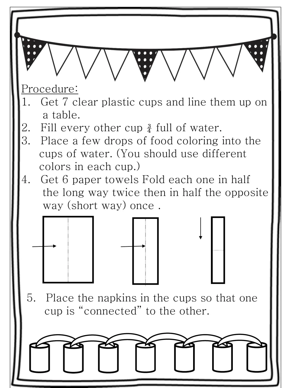 Procedure steps 1–5 explain filling alternate cups, adding food coloring, and connecting cups with paper towels