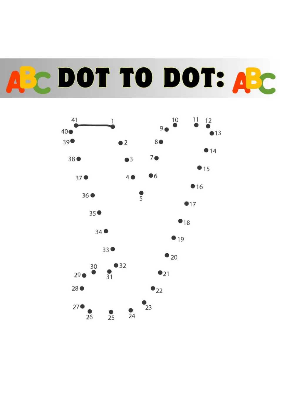 Capital letter Y connect-the-dots: children link dots 1 through 41 in counting order to reveal an outlined letter Y