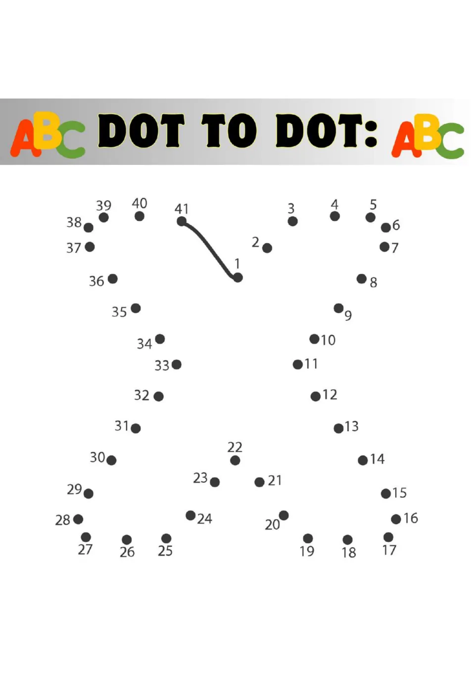 Capital letter X dot to dot: learners count from 1 to 41, joining each dot to draw the crossed outline of the letter X