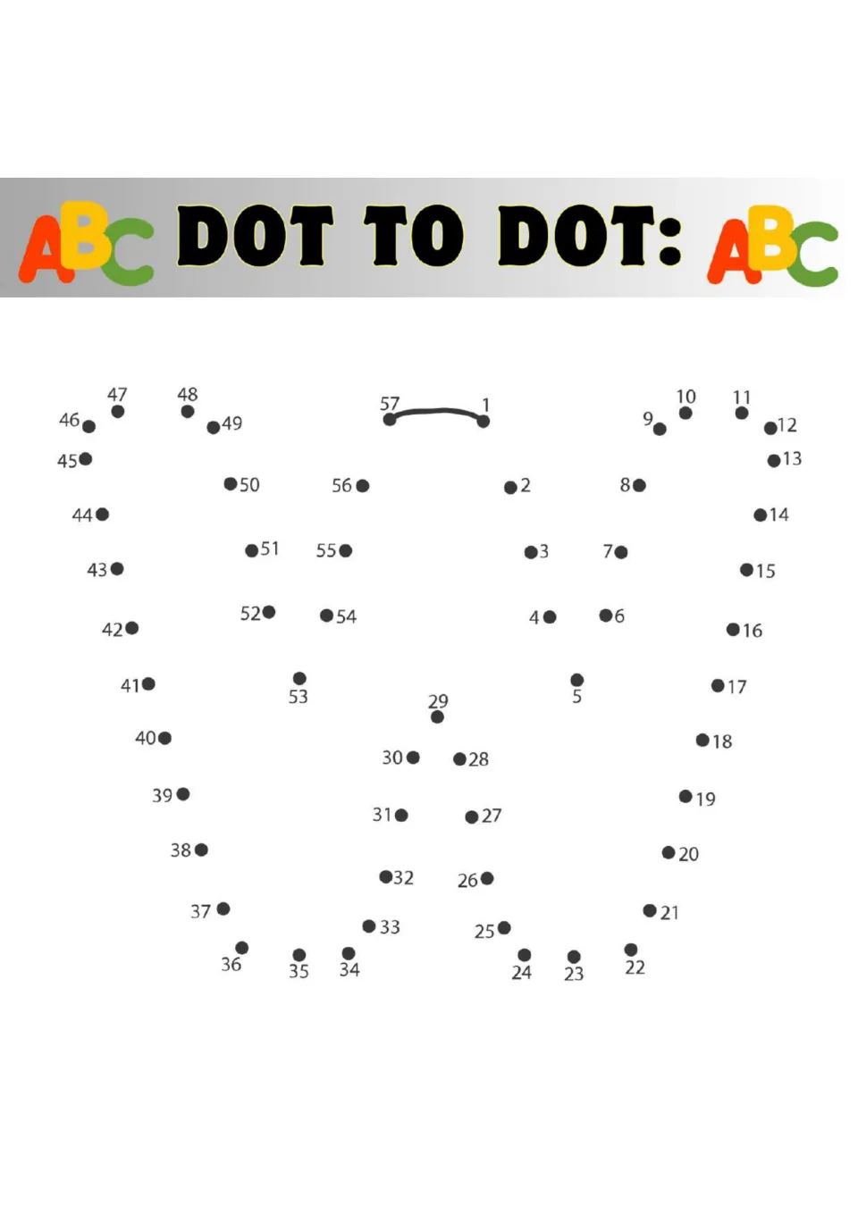 Capital letter W dot to dot: students connect 57 numbered dots in sequence to reveal the zigzag outline of a letter W