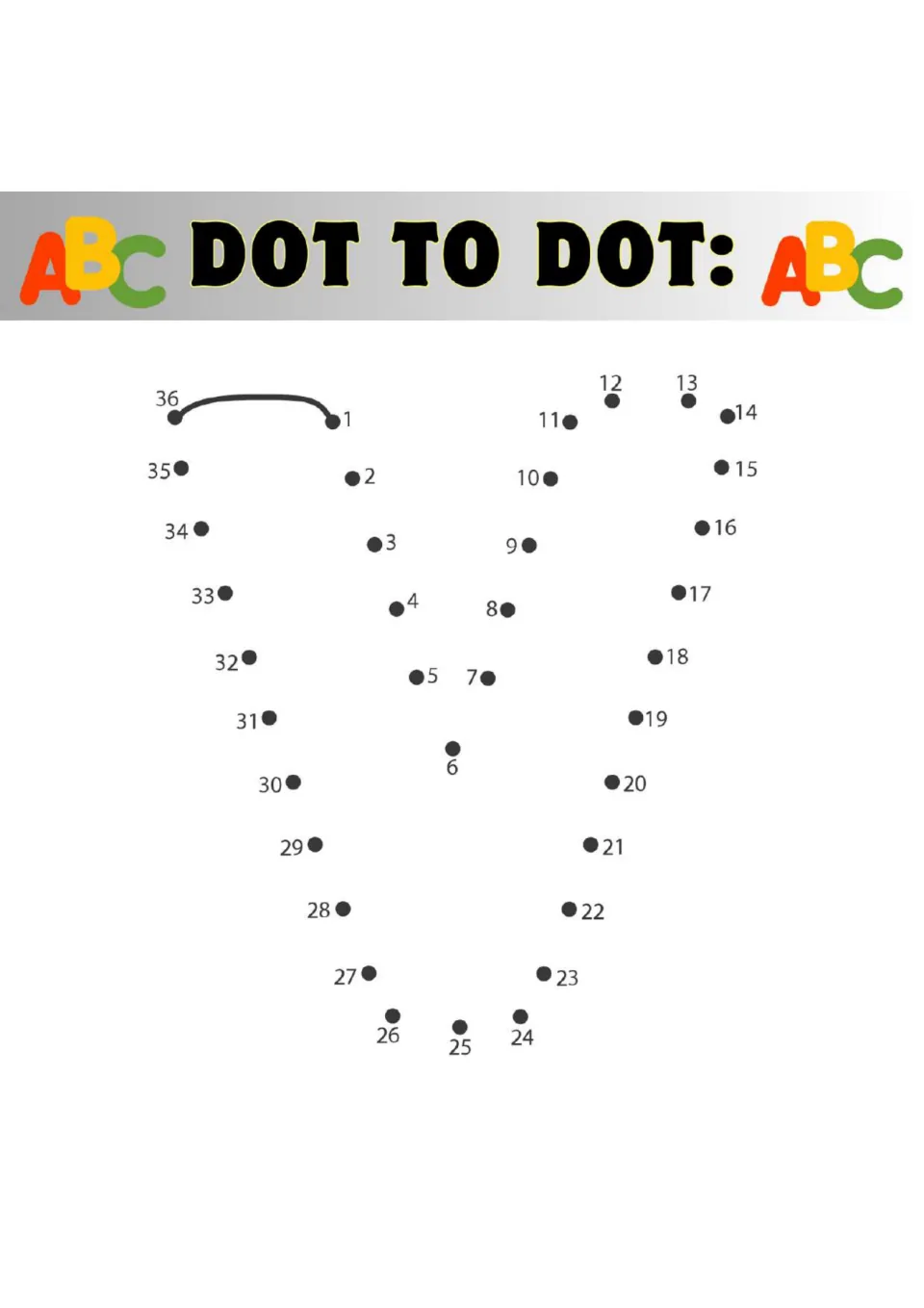 Capital letter V connect-the-dots: children follow numbers 1 to 36 to draw the pointed outline of a letter V