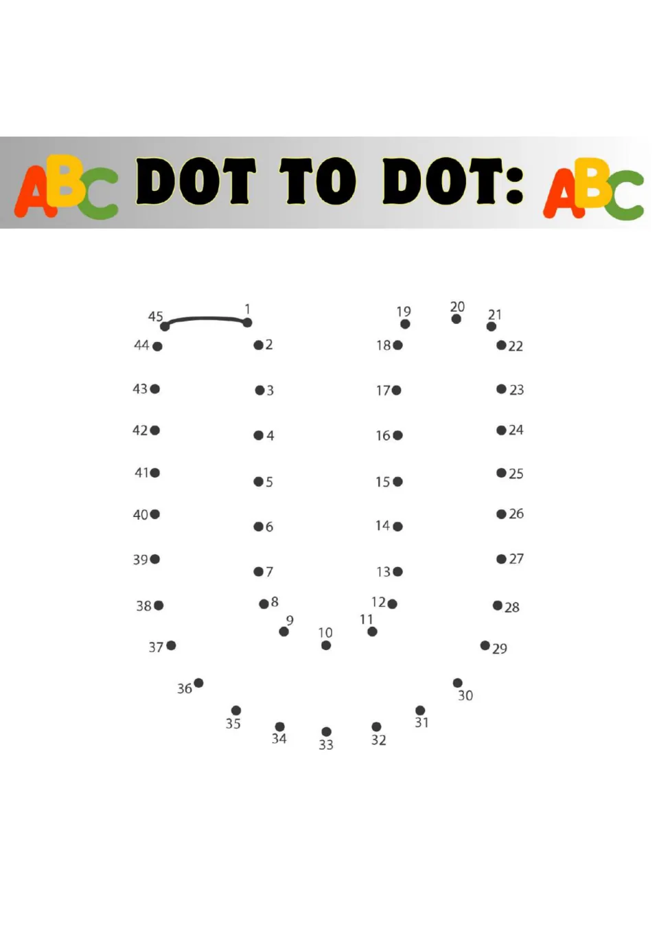 Capital letter U dot to dot: learners join dots 1 through 45 in number order to reveal the curved outline of a letter U