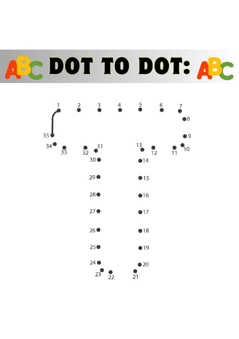 Capital letter T dot to dot: students connect numbered dots 1 to 35 to draw the outline of a letter T with its crossbar