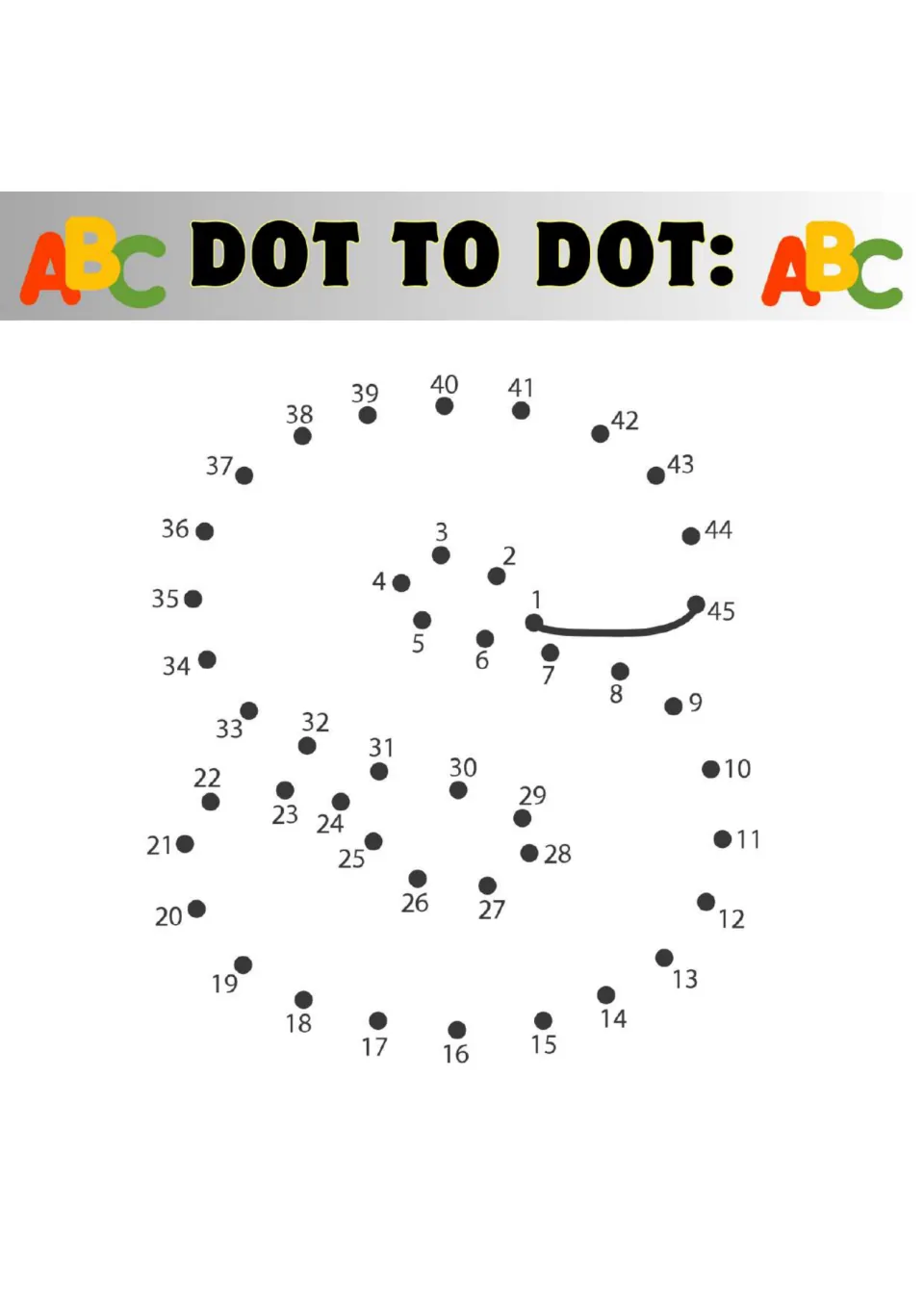 Capital letter S connect-the-dots: children count from 1 to 45, linking each dot to reveal the curving outline of an S