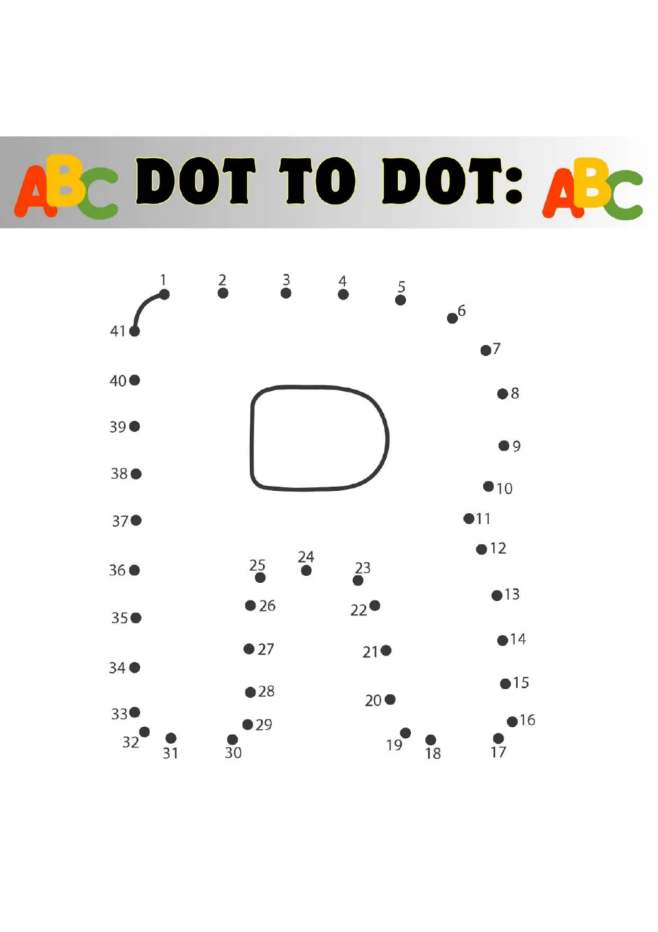 Capital letter R dot to dot: learners join dots 1 to 41 around a pre-drawn inner loop to reveal the outline of a letter R