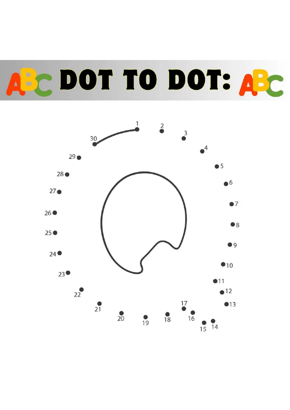 Capital letter Q dot to dot: students connect dots 1 to 30 around a drawn inner oval to complete the outline of a Q