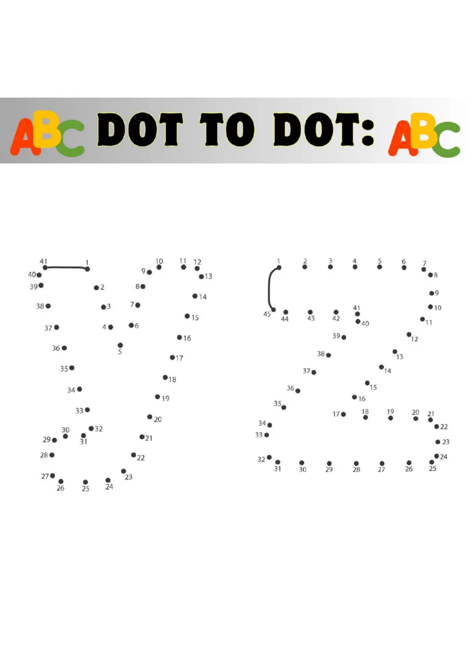 ABC Dot to Dot letters Y and Z: students connect numbered dots from 1 up to 45 in order to form each capital letter