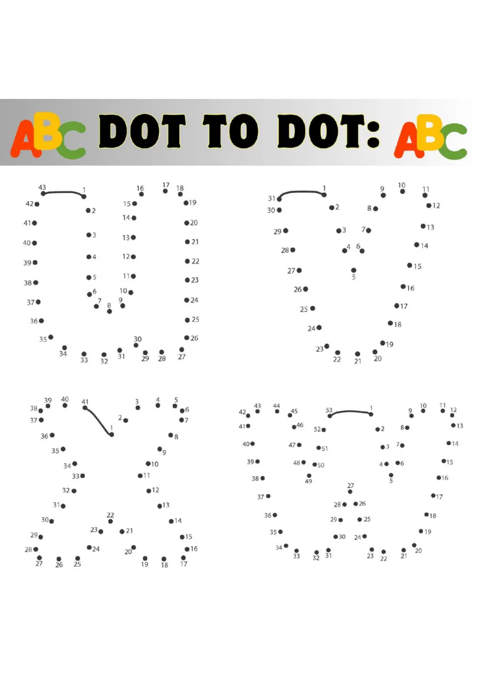 Capital U, V, W and X dot-to-dots: children join dots in number order, up to 53, to reveal the four letter shapes