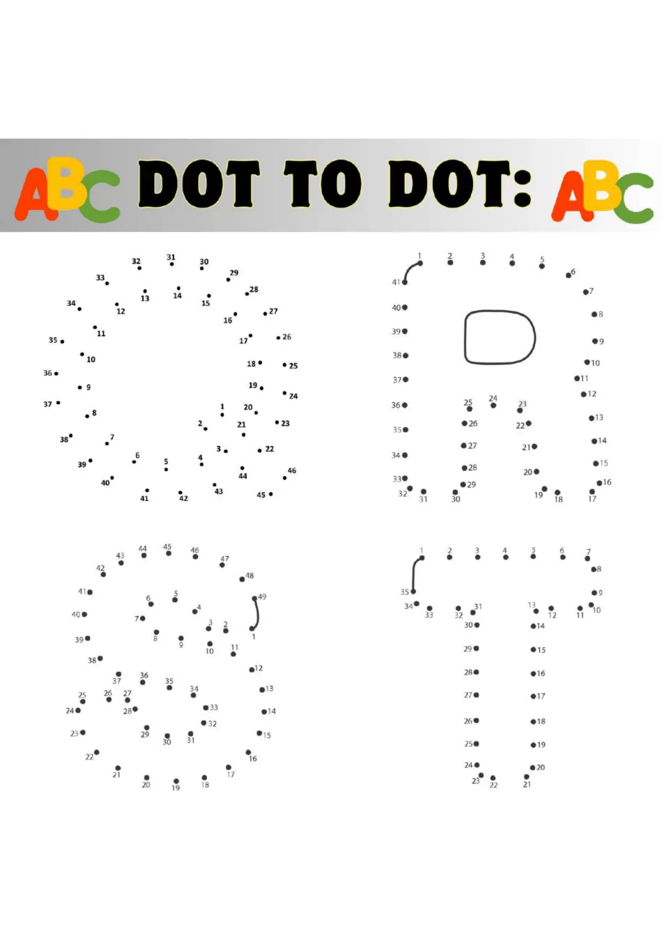 Capital Q, R, S and T dot-to-dots: learners count and connect numbered dots, up to 49, to trace each letter's outline
