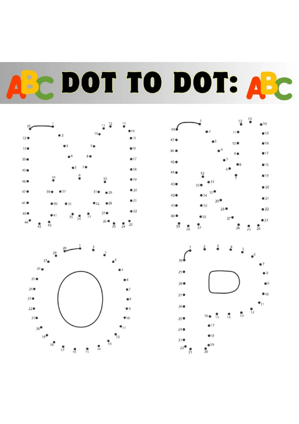 Capital M, N, O and P dot-to-dots: students follow numbers up to 53 to join the dots and complete each bubble letter