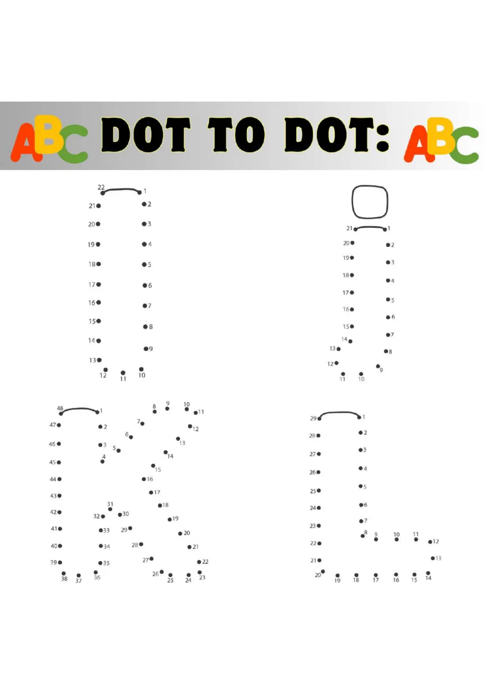 Capital I, J, K and L dot-to-dots: kids connect numbered dots, up to 48, in counting order to draw each letter