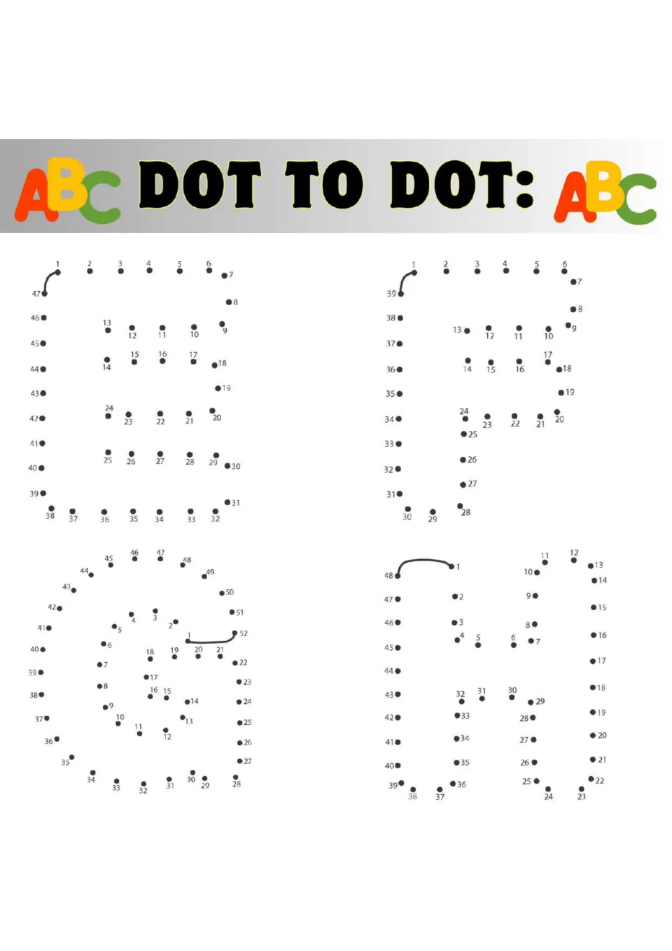 Capital E, F, G and H dot-to-dots: children count from 1 to as high as 52, joining dots to build each letter outline
