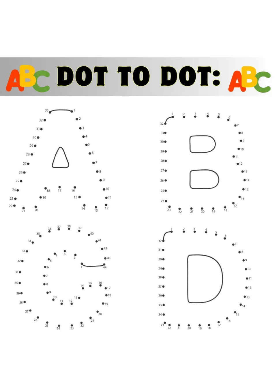 Capital A, B, C and D dot-to-dots: students join numbered dots in order, up to 44, to reveal the first four letters