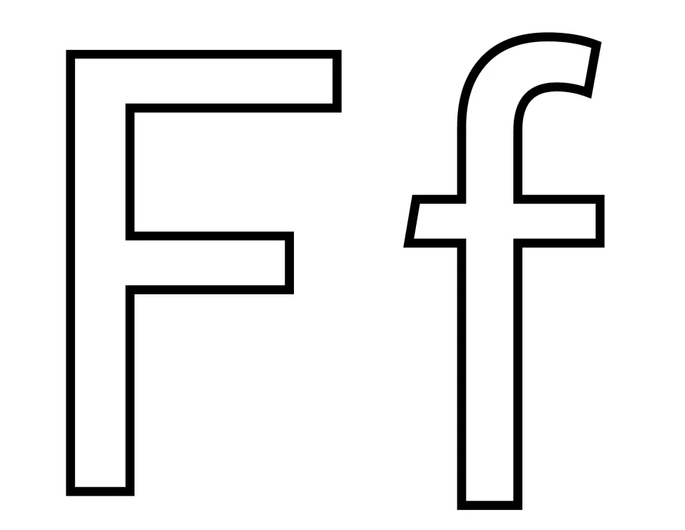 Letter F template: hollow outline of capital F next to lowercase f with its hooked top and crossbar, to color or cut out