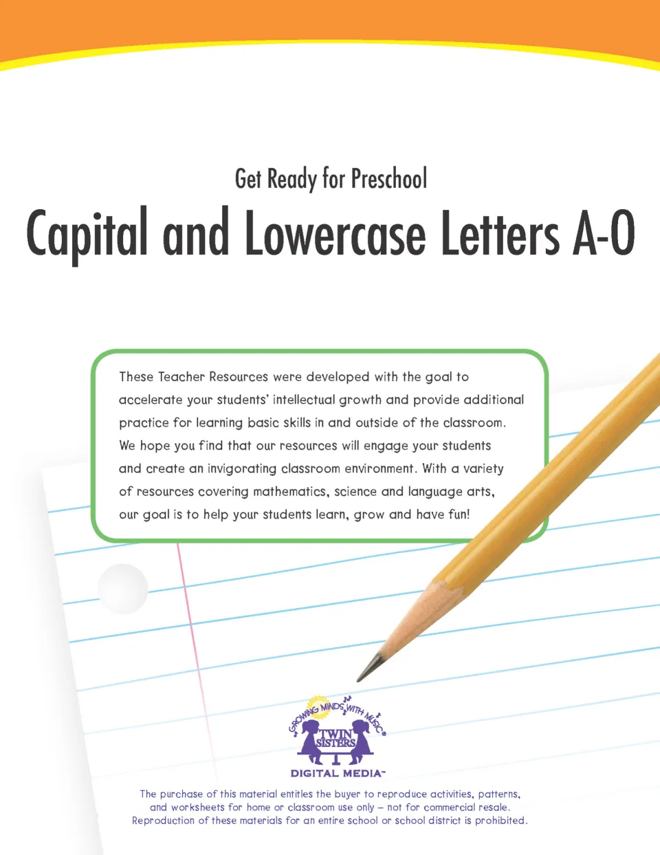 Get Ready for Preschool cover for a capital and lowercase letters A to O workbook, with a teacher note and use terms