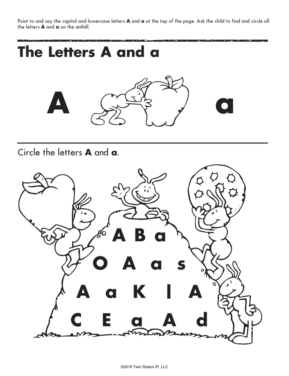 Letter A recognition: students circle every capital A and lowercase a among mixed letters on an anthill with cartoon ants