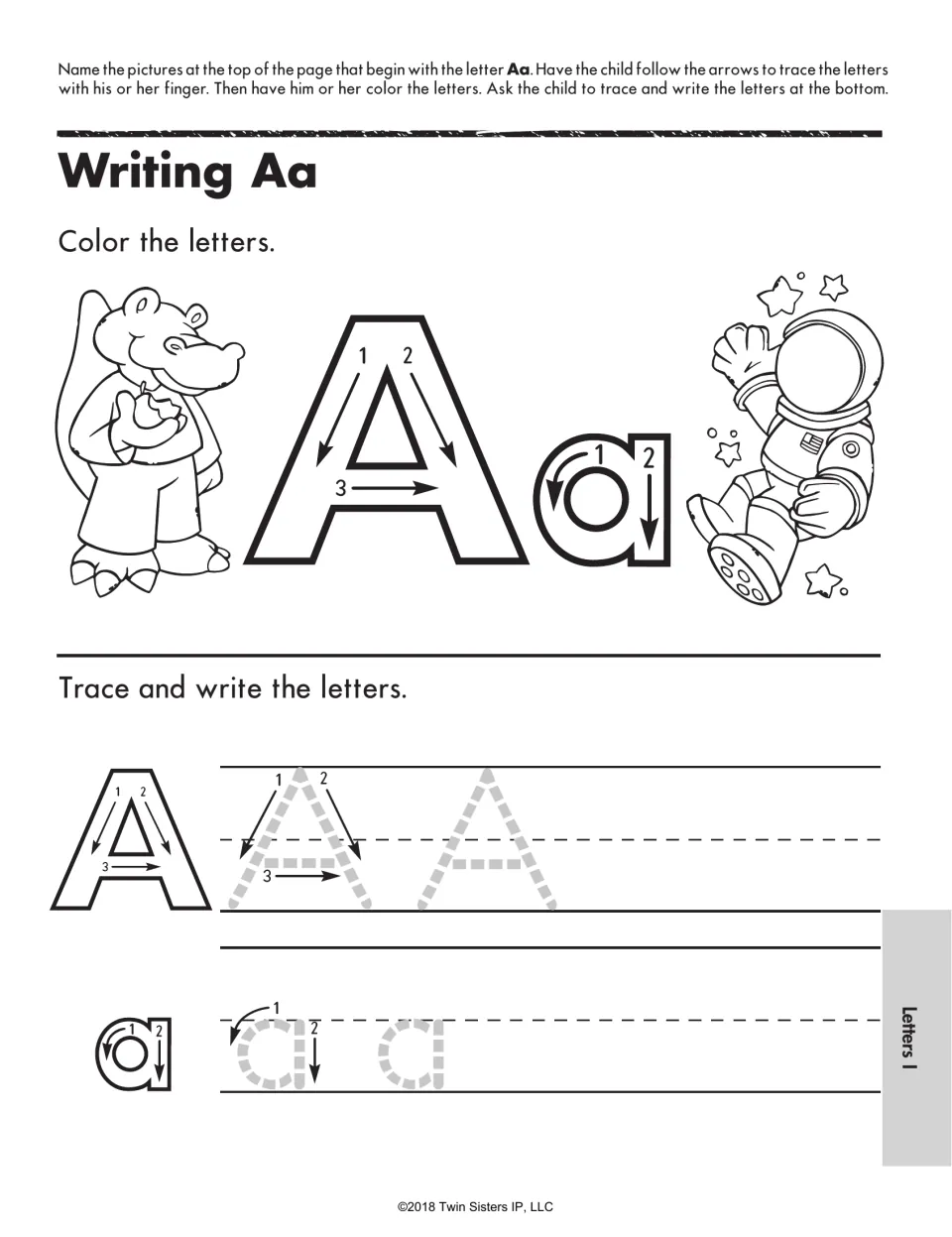 Writing Aa: students color a large A and a with numbered stroke arrows, then trace and write capital and lowercase A