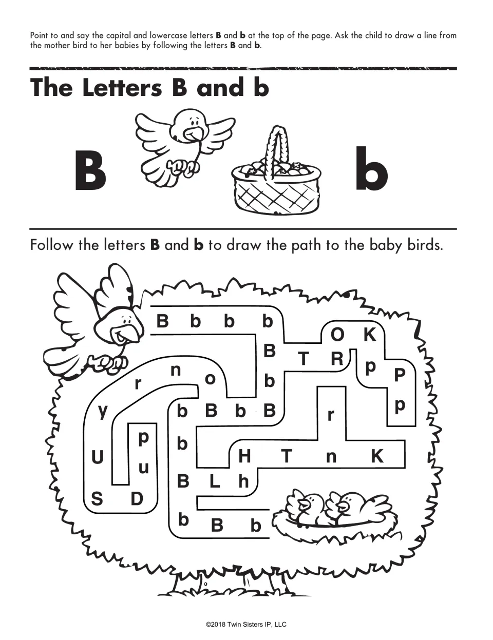Letter B maze: students follow capital B and lowercase b through a letter path to lead the mother bird to her baby birds