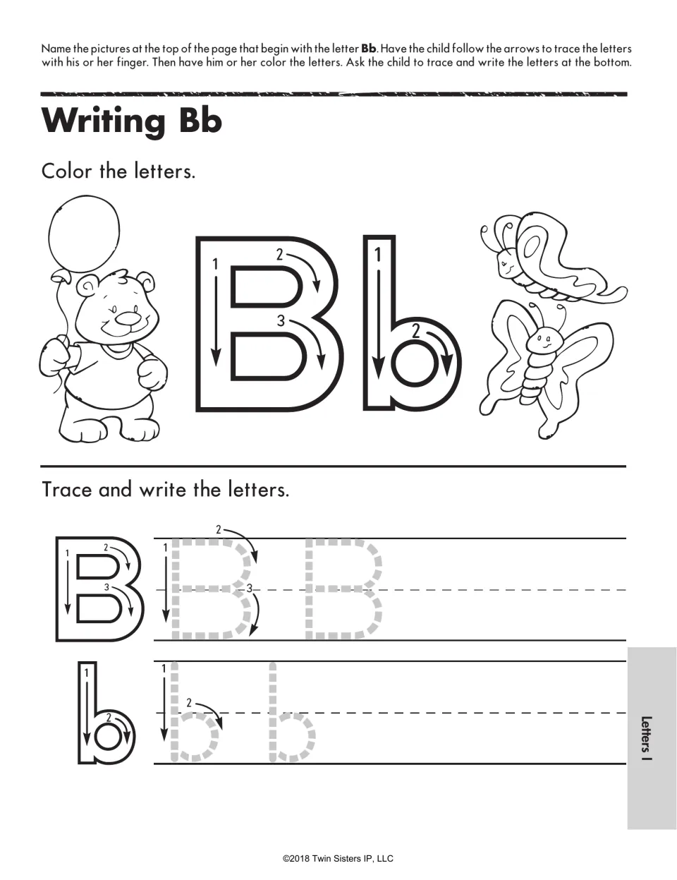 Writing Bb: students color stroke-numbered B and b beside a bear with a balloon and butterflies, then trace and write Bb