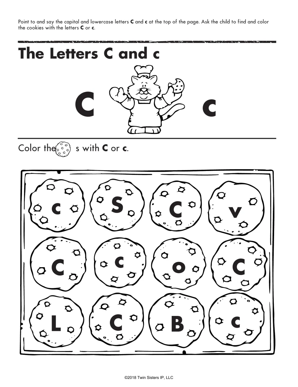 Letter C recognition: students color the cookies that show capital C or lowercase c, skipping other letters
