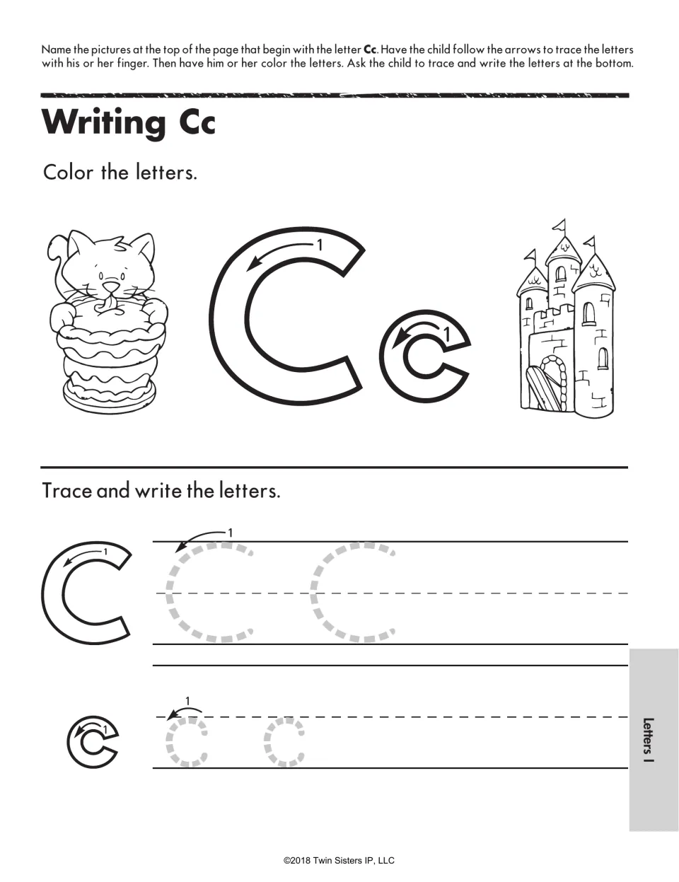 Writing Cc: students color C and c beside a cat with cake and a castle, then trace and write capital and lowercase C