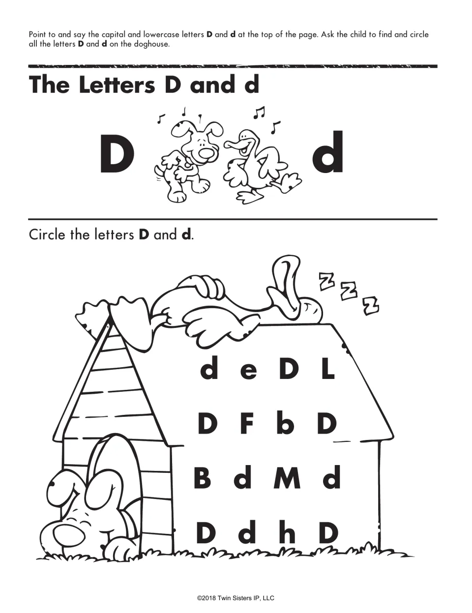 Letter D recognition: students circle each capital D and lowercase d among 16 letters, including b and B, on a doghouse