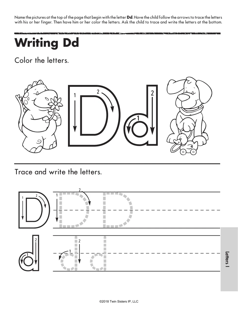 Writing Dd: students color D and d beside a dinosaur and a dog with a toy duck, then trace and write Dd